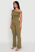 Womens High Waisted Textured Knit Boot Cut Pants, L