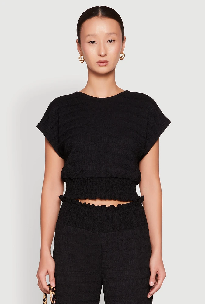 Womens Textured Knit Smocked Waist Top, Black, Size L