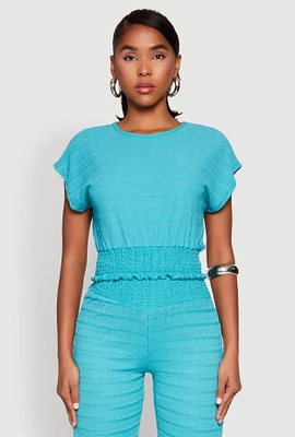 Womens Textured Knit Smocked Waist Top, Blue, Size S