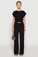 Womens Textured Knit Smocked Waist Pants, Black, Size M