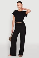 Womens Textured Knit Smocked Waist Pants, Black, Size M