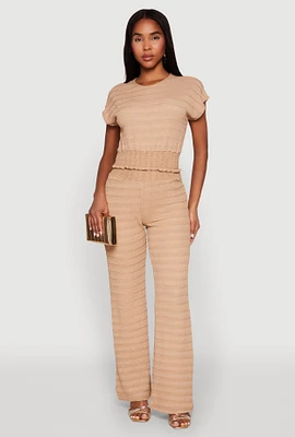 Womens Textured Knit Smocked Waist Pants, Khaki, Size L