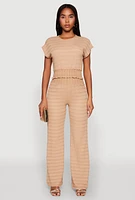 Womens Textured Knit Smocked Waist Pants, Khaki, Size L