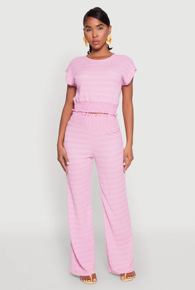 Womens Textured Knit Smocked Waist Pants, Pink, Size M