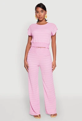 Womens Textured Knit Smocked Waist Pants, Pink, Size M