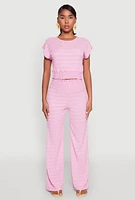 Womens Textured Knit Smocked Waist Pants, Pink, Size M
