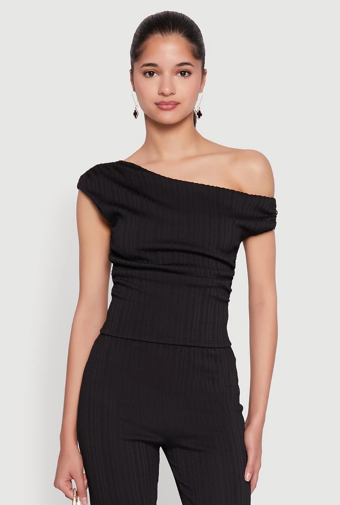Womens Textured Knit One Shoulder Crop Top,