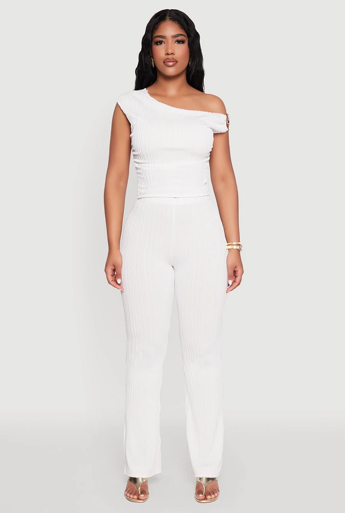 Womens Textured Knit One Shoulder Crop Top, White,