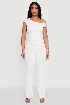 Womens Textured Knit One Shoulder Crop Top, White,
