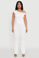 Womens Textured Knit One Shoulder Crop Top, White,