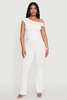 Womens Textured Knit One Shoulder Crop Top, White,