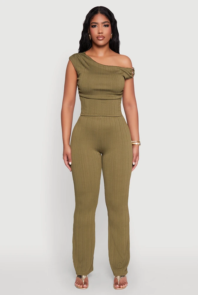 Womens Textured Knit One Shoulder Crop Top, Green, Size M