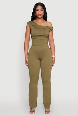 Womens Textured Knit One Shoulder Crop Top, Green, Size M