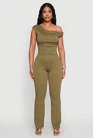 Womens Textured Knit One Shoulder Crop Top, Green, Size M
