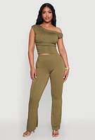 Womens Textured Knit One Shoulder Crop Top, Green, Size M