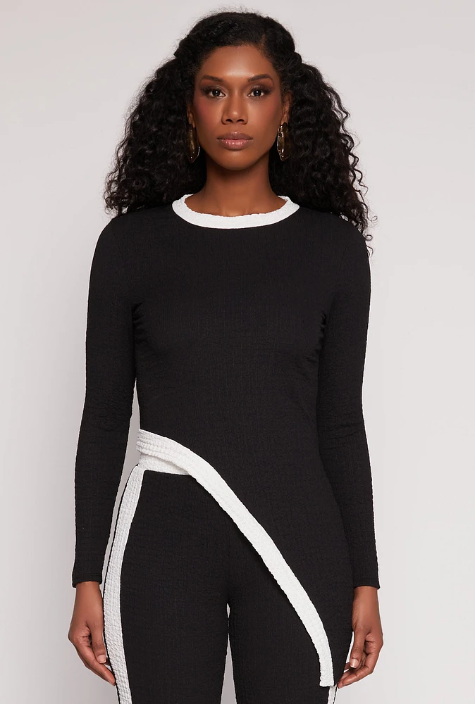 Womens Textured Knit Asymmetrical Top, Black,