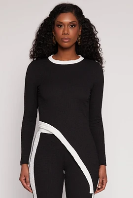 Womens Textured Knit Asymmetrical Top, Black,