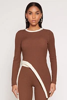 Womens Textured Knit Asymmetrical Top, Brown,