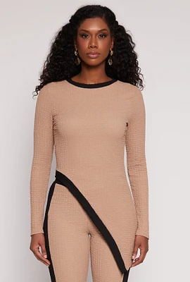Womens Textured Knit Asymmetrical Top, Beige, Size M