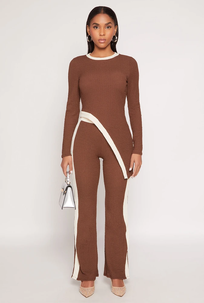 Womens Contrast Trim Textured Knit Pants, Brown,