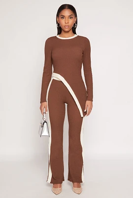 Womens Contrast Trim Textured Knit Pants, Brown,