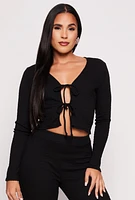 Womens Double Tie Front Crop Top, Black,