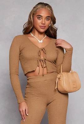 Womens Double Tie Front Crop Top, Beige, Size S