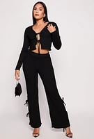 Womens Double Side Tie Wide Leg Pants, Black, Size L