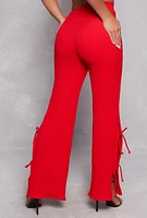 Womens Double Side Tie Wide Leg Pants, Red, Size S