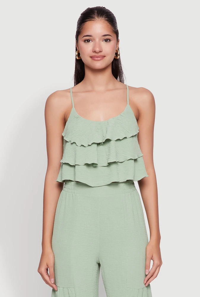 Womens Chic Crepe Knit Tiered Ruffle Cami with Cropped Hem,