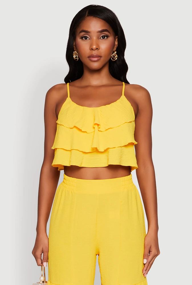 Womens Chic Crepe Knit Tiered Ruffle Cami with Cropped Hem, Yellow, Size S