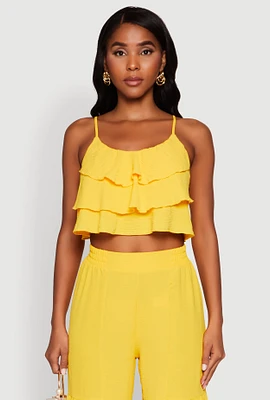 Womens Chic Crepe Knit Tiered Ruffle Cami with Cropped Hem, Yellow, Size S