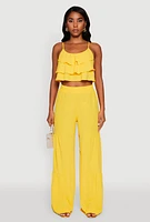 Womens Chic Crepe Knit Tiered Ruffle Cami with Cropped Hem, Yellow, Size S