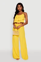 Womens Chic Crepe Knit Tiered Ruffle Cami with Cropped Hem, Yellow, Size S