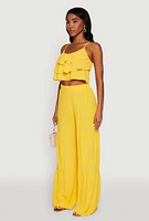 Womens Chic Crepe Knit Tiered Ruffle Cami with Cropped Hem, Yellow, Size S