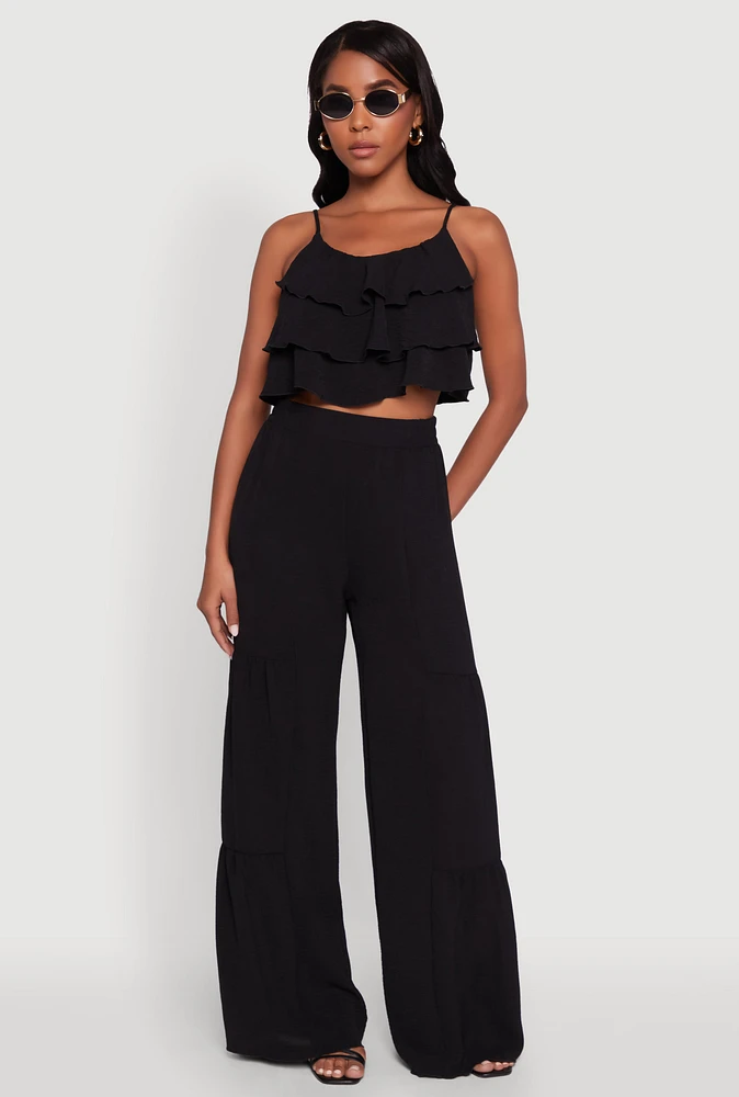 Womens Elegant Tiered High Waisted Wide Leg Dress Pants,