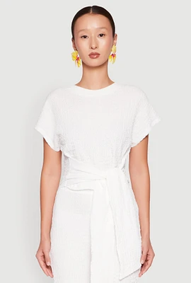 Womens Tie Front Textured Knit Top, White, Size M