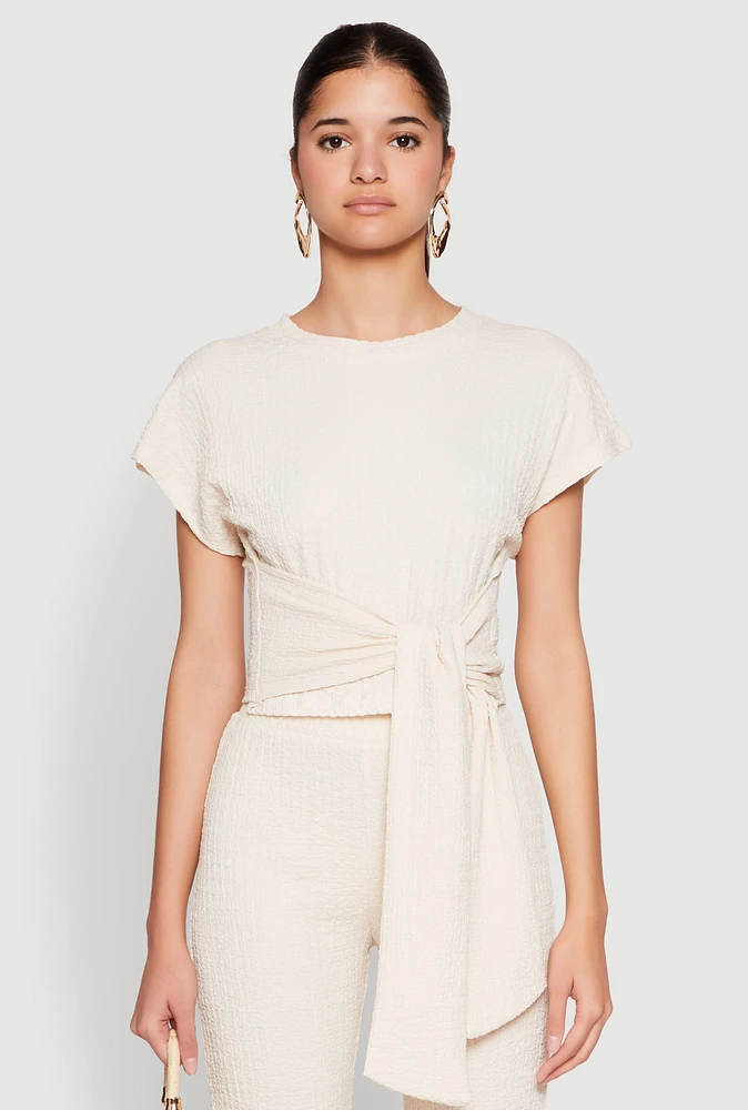 Womens Tie Front Textured Knit Top, L