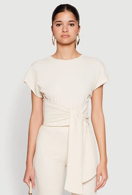 Womens Tie Front Textured Knit Top, L