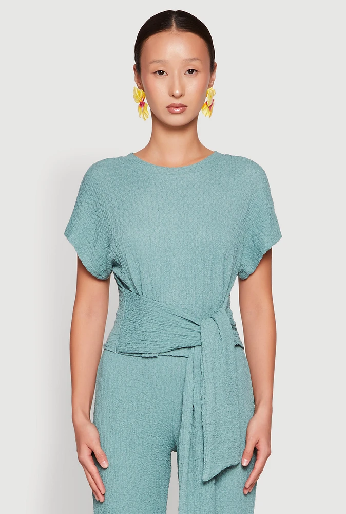 Womens Tie Front Textured Knit Top, Green, Size M