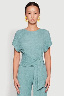 Womens Tie Front Textured Knit Top, Green, Size M