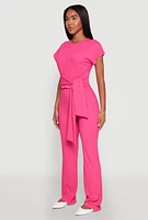 Womens Tie Front Textured Knit Top,
