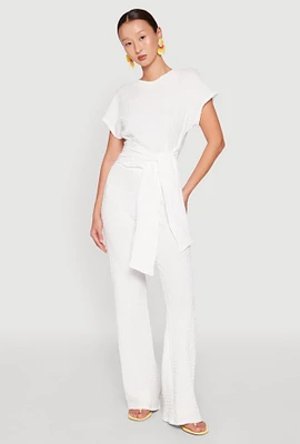 Womens High Waisted Textured Knit Pants, White, Size L