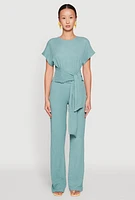 Womens High Waisted Textured Knit Pants, Green, Size XL