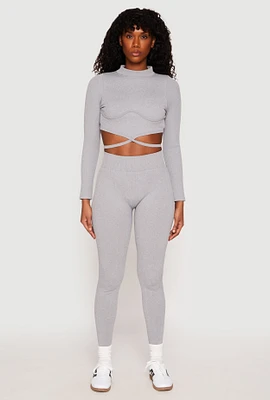 Womens Seamless High Waisted Rib Knit Leggings, Grey,