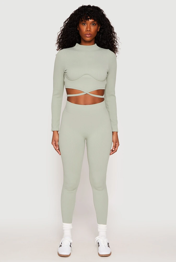 Womens Seamless High Waisted Rib Knit Leggings, M-L