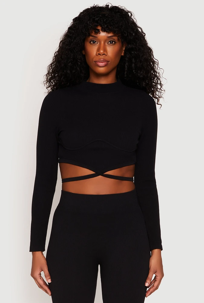 Womens Seamless Long Sleeve Tie Back Crop Top,