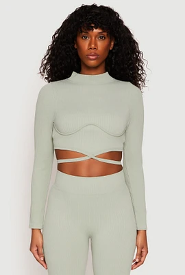 Womens Seamless Long Sleeve Tie Back Crop Top, Green, Size M-L