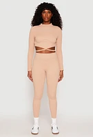 Womens Seamless Long Sleeve Tie Back Crop Top, Beige, Size S-M
