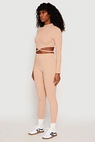 Womens Seamless Long Sleeve Tie Back Crop Top, Beige, Size S-M
